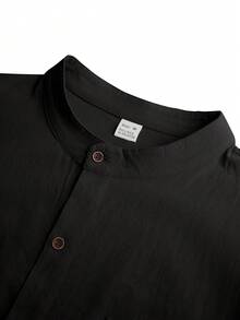 1 Set Men's Lightweight Loose Fit Basic Outfit, Light Blue Long Sleeve Button-Up Collared Shirt + Straight Leg Pants, Summer - Black - View 4