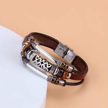 Hollowed-Out Curved Tube Beaded Stainless Steel Clasp Genuine Leather Bracelet - Coffee Brown - View 3
