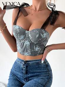 Áo hai dây ren rỗng thắt dây gợi cảm Vexica dành cho nữ, kiểu áo corset có gọng, thích hợp cho những buổi đi chơi mùa hè và mặc hàng ngày. - màu đen - Xem 5