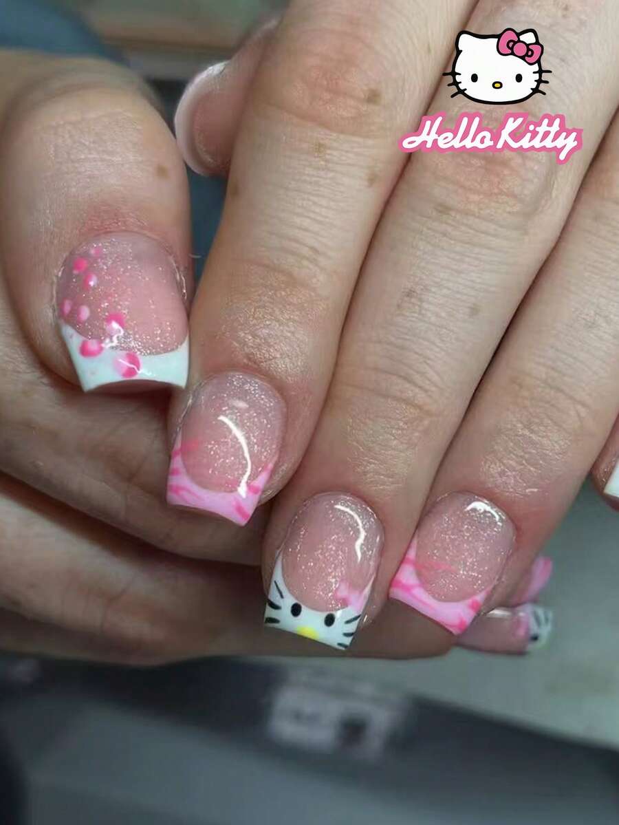 SANRIO Bộ 24 miếng dán móng tay vuông ngắn 3D họa tiết da báo lấp lánh đính kim sa, kèm nơ trang trí dễ thương, phù hợp với bộ móng acrylic, kèm 1 lọ keo gel và 1 dũa móng, dùng cho nữ và bé gái hàng ngày và dự tiệc. - Nhiều màu - Xem 1