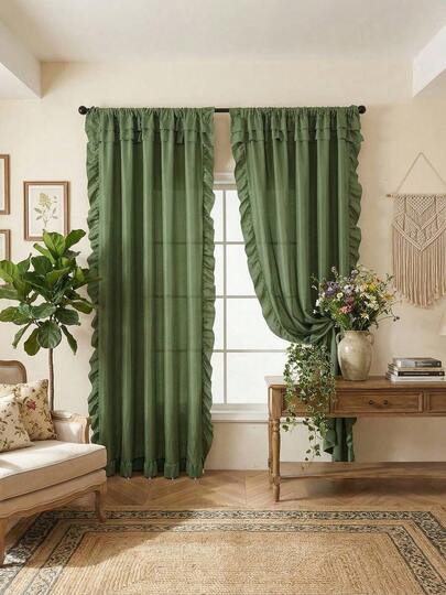 1pc Plain Voile Ruffle Edge Curtain, Nordic Luxury Solid Semi-Sheer Lightweight Soft Ruffle Edge Curtain, Suitable For Living Room, Bedroom, Party, Holiday, Home Decor