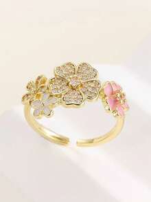 5件套奢华优雅盛开花朵和蝴蝶镶嵌立方氧化锆戒指套装，可调节铜戒指，适合日常、派对、度假佩戴（不含礼盒） - 金黃色 - 查看 6