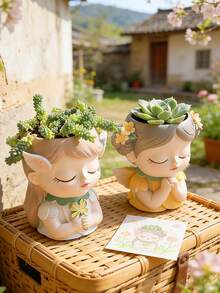 Elegant Resin Girl Succulent Pot With Delicate Floral Accents, Cute Cartoon Figurine Planter For Indoor Plants, Perfect For Boho Home Decor, Ideal For Displaying On Your Nightstand, Living Room Mantel, Or Balcony, A Unique And Charming Gift For Birthdays, Housewarmings, Or Plant Parent Celebrations, Combines Functional Planting With Whimsical Artistry - A - View 5