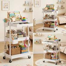 3 Tier Rolling Cart With Drawer, Bathroom Storage Organizer With 2 Lockable Wheels, Multifunctional Rolling Storage Cart For Bathroom, Kitchen, Office, Craft, Makeup, Baby Essentials, White - 白色 - 查看 8