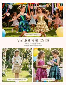 Girls Sequin Formal Dress Kids Party Special Occasion Fancy Gown Tie Back 3 Layer Prom Graduation Outfit - 玫紅色 - 查看 4
