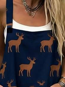 Elk All-Over Print Women's Adjustable Strap Jumpsuit, Polyester Fiber Fabric, Lightweight And Breathable, Women's Clothing, Standard Size Jumpsuit, Plus Size Women's Clothing, Plus Size Jumpsuit And Romper, Plus Size Jumpsuit - 彩色 - 查看 3
