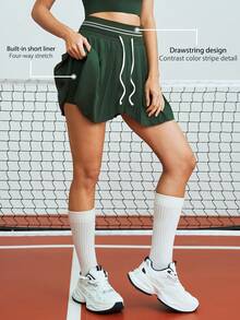 Leorrey 1pc Women High Waist Elastic Drawstring Waistband Anti-Exposure Asymmetrical Hem Pleated Sports Skirt - Green - View 5