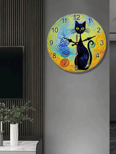 Reloj de pared de gato inspirado en Van Gogh, de diseño plano 2D - Silencioso, funciona con pilas (AA no incluidas) con números grandes y fáciles de leer, diseño redondo de madera para decoración de dormitorio, sala de estar, oficina, reloj para sala de estar, accesorio de dormitorio, decoración caprichosa, plano 2D