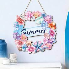 1 pieza Cartel de madera con estilo de playa hawaiana, Placa de madera de bienvenida, Decoración de pared con corona de conchas marinas de verano - Multicolor - Ver 3