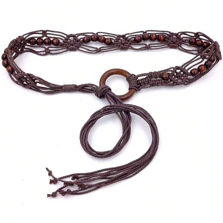 Spring And Summer Fashion Multi-Color Bohemian Style Wax Rope Handmade Wooden Circle Braided Hollow Belt With Dress Belt - Coffee - View 1