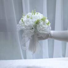 Bó hoa cưới cô dâu/phù dâu kiểu phương Tây, hoa hồng nhân tạo, bó hoa giả lá xanh, phụ kiện hoa nụ ren cho chụp ảnh cưới ngoài trời, phụ kiện ném hoa cô dâu trong tiệc cưới ngày Valentine. - Nhiều màu - Xem 9