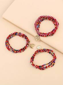 3pcs/Set Women'S Bohemian Style Tree Beaded Bracelet Set - Multicolor - View 3