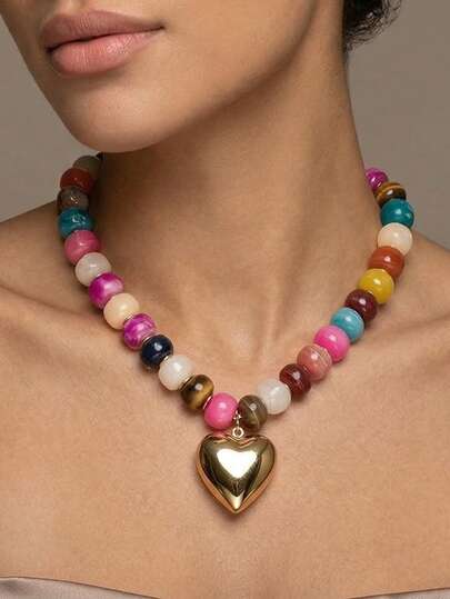 HOTNICE 女士粗心形项链，彩色树脂珠项链，金色蓬松心形项链，时尚亚克力锁骨链（珠子颜色/数量随机）
