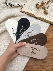 3/5 pares de calcetines invisibles con lazo estilo coreano, calcetines casuales sin costuras, transpirables y para uso diario - Multicolor - Ver 1