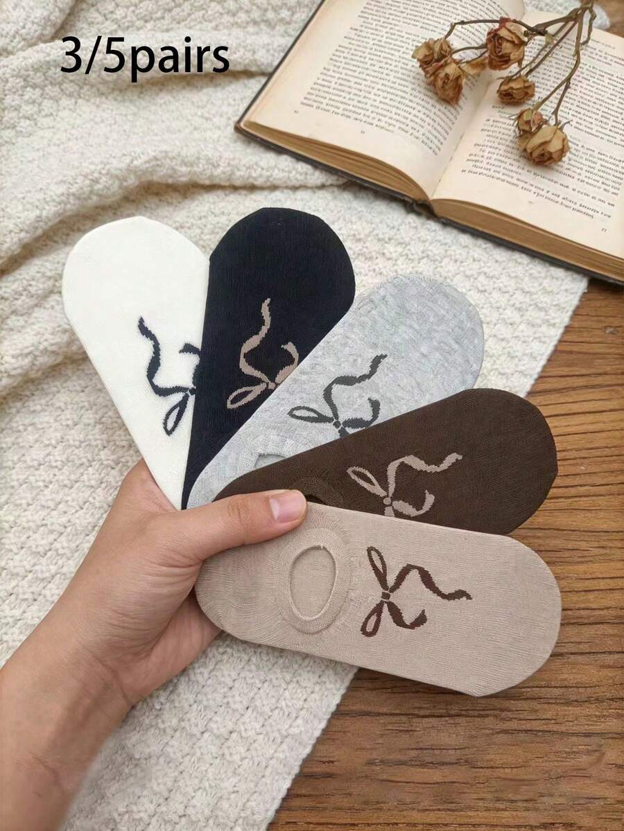 3/5 pares de calcetines invisibles con lazo estilo coreano, calcetines casuales sin costuras, transpirables y para uso diario - Multicolor - Ver 1