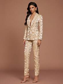 Casual Fashion Solid Color All Over Printed Long Sleeve Suit Jacket And Pants Ladies Suit Set - Apricot - View 4