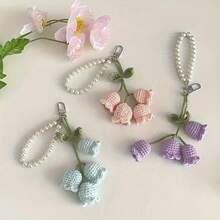 Creative Cute Girl Pearl Chain Yarn Crochet Orchid Flower Keychain Bag Decoration Buckle - trắng - Xem 6