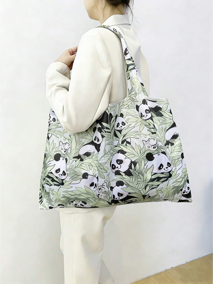 1 pieza Bolso de mano de mujer, estampado de panda, bolsa de compras plegable de gran capacidad en verde, diseño minimalista, estilo versátil, adecuado para ir al trabajo, viajar, compras, diseño de apertura y cierre conveniente, multifuncional, aplicable a varias ocasiones, clásico, duradero y cómodo al tacto, fácil de limpiar, fácil de combinar - Verde - Ver 1