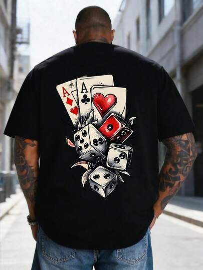 AnChiStreetwear - Plus Size Men's Fashion Playing Card + Dice "Strongest Card Face" Graphic Print Casual Short Sleeve T-Shirt, Representing Control, Luck And Gambling Spirit, Suitable For Daily Outings, Music Festivals, Skateboarding/Motorcycle Gatherings, Vintage Markets, Etc.