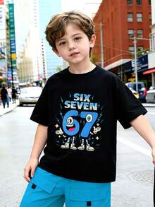 8-12 Years Old Boys' Street Style Outfit, Black Cartoon Digital Print Short Sleeve Tee + Light Blue Multi-Pocket Cargo Shorts, Breathable Soft Wrinkle-Resistant, Suitable For School, Outdoor Play, Weekend Outings - Blue - View 4
