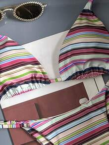 Traje de baño de 2 piezas sexy y colorido con rayas para mujer, conjunto de bikini con espalda descubierta y lazos, adecuado para la playa, vacaciones y cruceros en verano - Multicolor - Ver 8