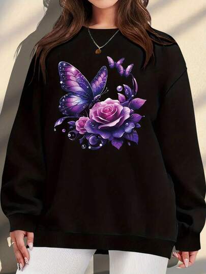 Hoodie For Women Plus Size, Extended Collection: Women's Spring/Autumn/Winter Cross-Border European & American Plus-Size Simple Floral Butterfly Print Sweatshirt, Casual Round Neck Sweatshirt, Women's Plus-Size Sweatshirt2026- Spring, Y2k, Tops, Black Jumper, Maija
