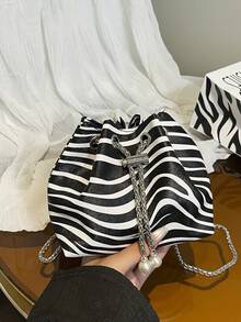 Zebra Print Fashion New One Shoulder Diagonal Handbag, Briefcase, Office Commute Bag, Drawstring Bucket Bag, Minimalist Stylish Metal Chain Shoulder Bag - Multicolor - View 4