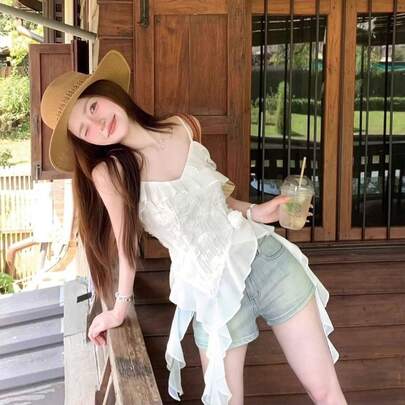 不規則なリボン付き花柄キャミソール、女性用夏物アウター、ウエストを引き締めてスリムに見せるショート丈トップス