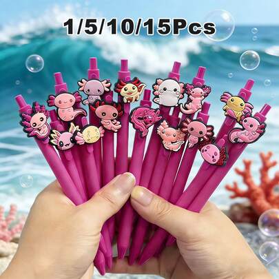 Bộ 1/5/10/15 bút bi in hình kỳ giông Axolotl màu hồng và tím, thích hợp làm quà tặng sinh nhật cho bé gái, đồ dùng văn phòng và trường học.