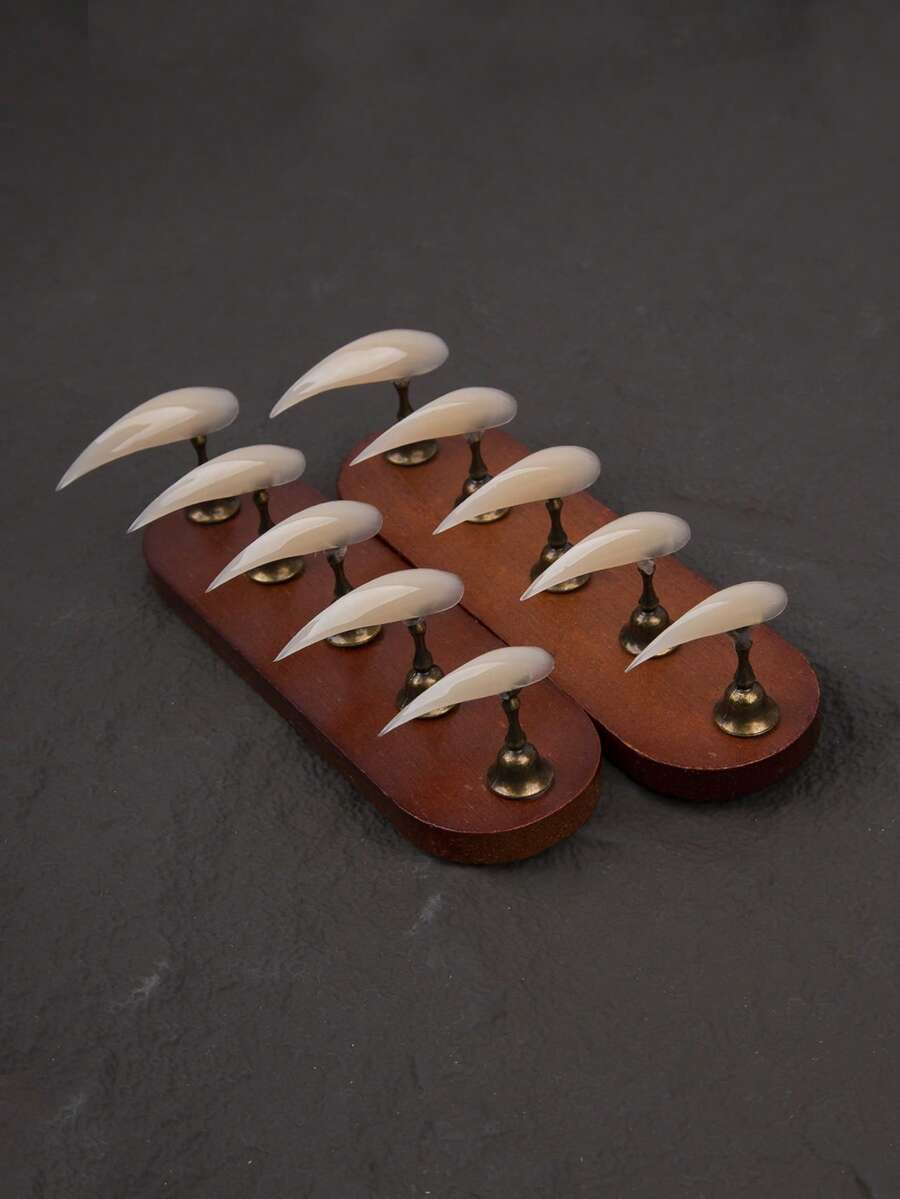 10片手工闪亮长龙爪美甲贴片，黑灰色闪粉尖头野兽美甲，原创设计，100%贴合，加厚可重复使用甲片 - 杏色 - 查看 1