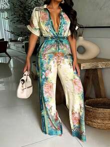 女士前扣假抽绳腰带弹力印花连体裤 - 彩色 - 查看 3