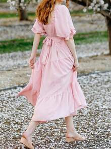 Bohemia Women's Off Shoulder Maxi Dress  Ruffle Dress - Matching Family Outfits - Yellow Smocked Tiered Dresses For Summer - Pink - View 5