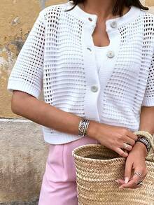 Áo khoác cardigan dệt kim tay ngắn cổ tròn mới mùa hè của FOR BEAUTY, áo nữ dáng rộng khoét lỗ mỏng cài nút màu trắng, kiểu dáng thường ngày đa năng, phù hợp cho đi mua sắm, dạo phố, dã ngoại, lễ tốt nghiệp, tiệc tùng mùa xuân. - trắng - Xem 6