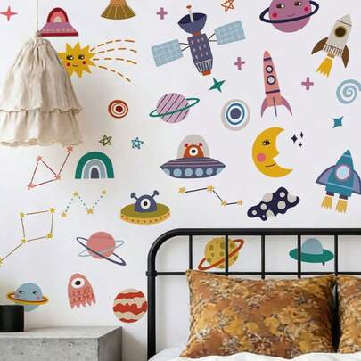 Space Planet & Kids Learning Theme Wall Stickers, Peel And Stick Wallpaper, Wall Paper Peel And Stick, Room Decor, Home Decor, Kitchen Decor, Wall Decor, Bathroom Decor, Decor, Wall Art, Bedroom Decor, House Decor, Wall Art For Living Room, Adornos Para Sala