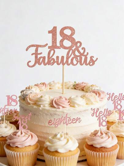 18岁生日玫瑰金蛋糕装饰套装，18岁生日纸杯蛋糕装饰，18岁生日蛋糕插牌，闪亮18岁生日蛋糕插牌，“Hello 18”纸杯蛋糕装饰签，适用于18周年结婚纪念日、18岁生日派对蛋糕装饰