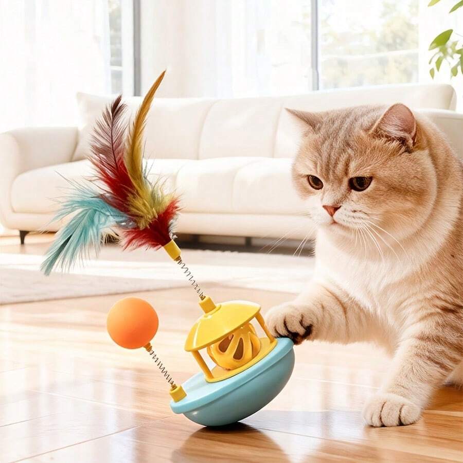 Đồ chơi trêu chọc mèo mới, làm từ chất liệu sợi nhân tạo hình lông vũ, đồ chơi lăn tròn tự giải trí cho mèo kèm tiếng chuông.