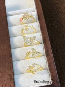 5件套奢华优雅盛开花朵和蝴蝶镶嵌立方氧化锆戒指套装，可调节铜戒指，适合日常、派对、度假佩戴（不含礼盒） - 金黃色 - 查看 9