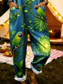 Tropical Parrot Plant All-Over Print Women's Adjustable Strap Jumpsuit, Polyester Fiber Fabric, Lightweight And Breathable, Women's Clothing, Standard Size Jumpsuit, Plus Size Women's Clothing, Plus Size Jumpsuit And Romper, Plus Size Jumpsuit - Nhiều màu - Xem 2
