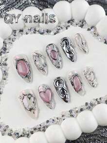 10Pcs/Set Hand-Made Almond Full Coverage Artificial Nails, Medium Length, Pink, Sweet And Cute Style, Suitable For Women And Girls, Can Be Used As Gifts, Includes 1Pc Jelly Pad And 1Pc Nail Shaper Pen Press On Nails Nail Supplies Nails Handmade Press On Nails - 粉色 - 查看 11