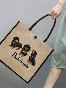 Yellow Linen Dachshund Pattern Tote Bag - Multifunctional Large Capacity Handbag And Wallet Set, Including Small Wallet - Multicolor - View 5