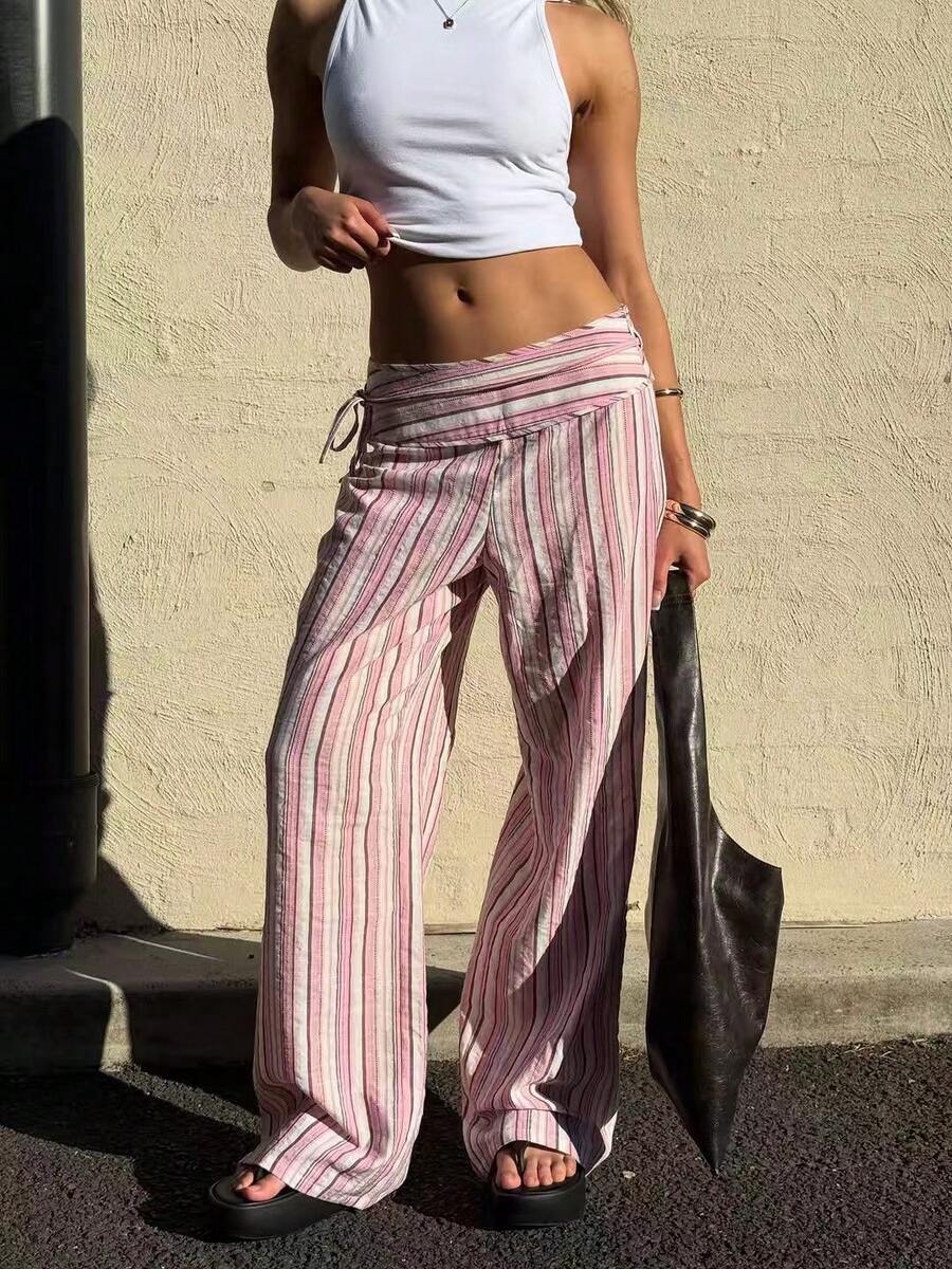 Pantalones anchos de pierna ancha con cordón y cremallera de tela tejida a rayas para mujer, ajuste relajado para festival de música campestre, primavera y verano - Rosa - Ver 1