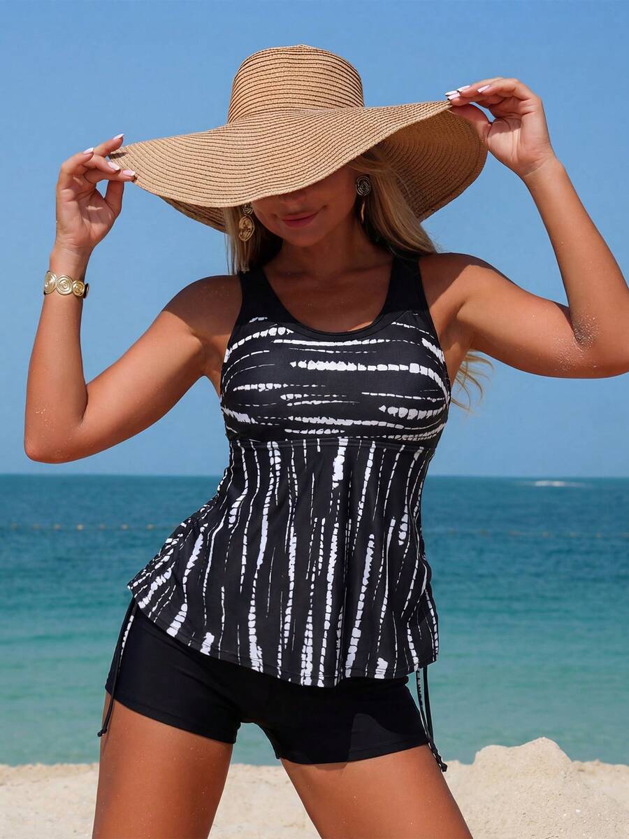 2pcs Women's Tie-Dye Print Tankini Swimsuit Set, With Ruched Tummy Control Flowy Swimwear Top And Men's Swim Trunks Bottom, Modest Beach Holiday Swimsuit - Black - View 1