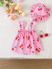 Bộ đồ cho chó có mũ trùm đầu, họa tiết kẻ caro xanh cổ điển với hình quả anh đào, dành cho mèo con và cún con. - Hồng - Xem 1