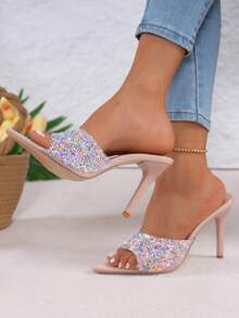 Spring/Summer Women Sequins Decor Mules, PVC Stiletto Heeled Glamorous Sandals - Pink - View 6
