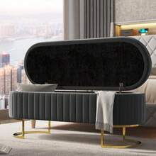 EcoHarbor Living - Banco de almacenamiento de terciopelo de 50 pulgadas otomano extremo tapizado de la cama con patas doradas asiento para reposapiés de entrada - Gris - Ver 9