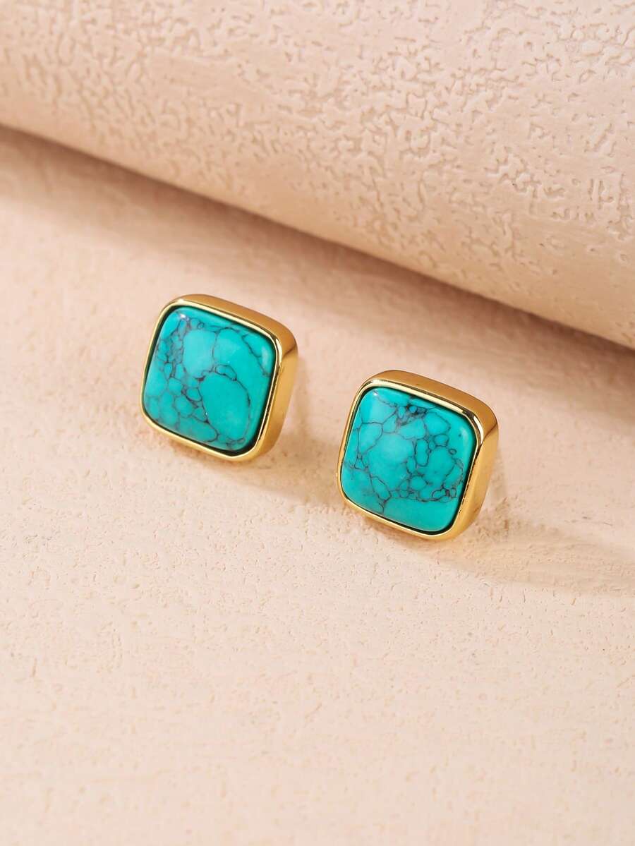 1Pair Elegant Jewelry 10MM Square Synthetic Turquoise Stone Claw Setting Stud Earrings For Women Gifts Daily Wedding - Mint Blue - View 1