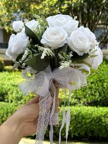 Bó hoa cưới cô dâu/phù dâu kiểu phương Tây, hoa hồng nhân tạo, bó hoa giả lá xanh, phụ kiện hoa nụ ren cho chụp ảnh cưới ngoài trời, phụ kiện ném hoa cô dâu trong tiệc cưới ngày Valentine. - Nhiều màu - Xem 11