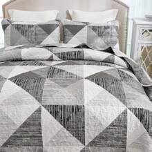 Quilt Queen Size Grey 3 Pieces Patchwork Bedspread Bedding for Queen Size Bed Soft Lightweight Microfiber Geometric Coverlet Set for All Season Quilt with 2 Pillowcases - Gris - Ver 7