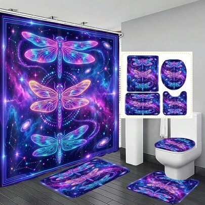 1pc/4pcs Dreamy Starry Sky & Dragonfly Pattern Bathroom Decor Shower Curtain Set, Free 12 Hooks Included, Elegant Holiday Atmosphere, Bathroom Mat, U-Shaped Toilet Mat And Round Toilet Mat, Suitable For All Scenarios