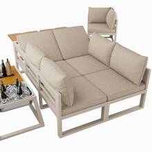 Modular Outdoor Sofa Set With Adjustable Backrest, Folding Armrests And Metal Ice Bucket, 10 Cm Thick Cushions For Terrace, Balcony, Poolside, Grey/Beige - 米色 - 查看 7